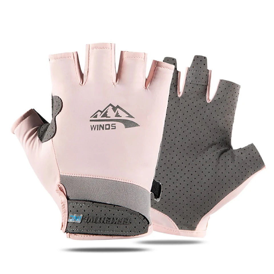 Light pink and gray summer ice silk sun protection gloves shown from the palm side