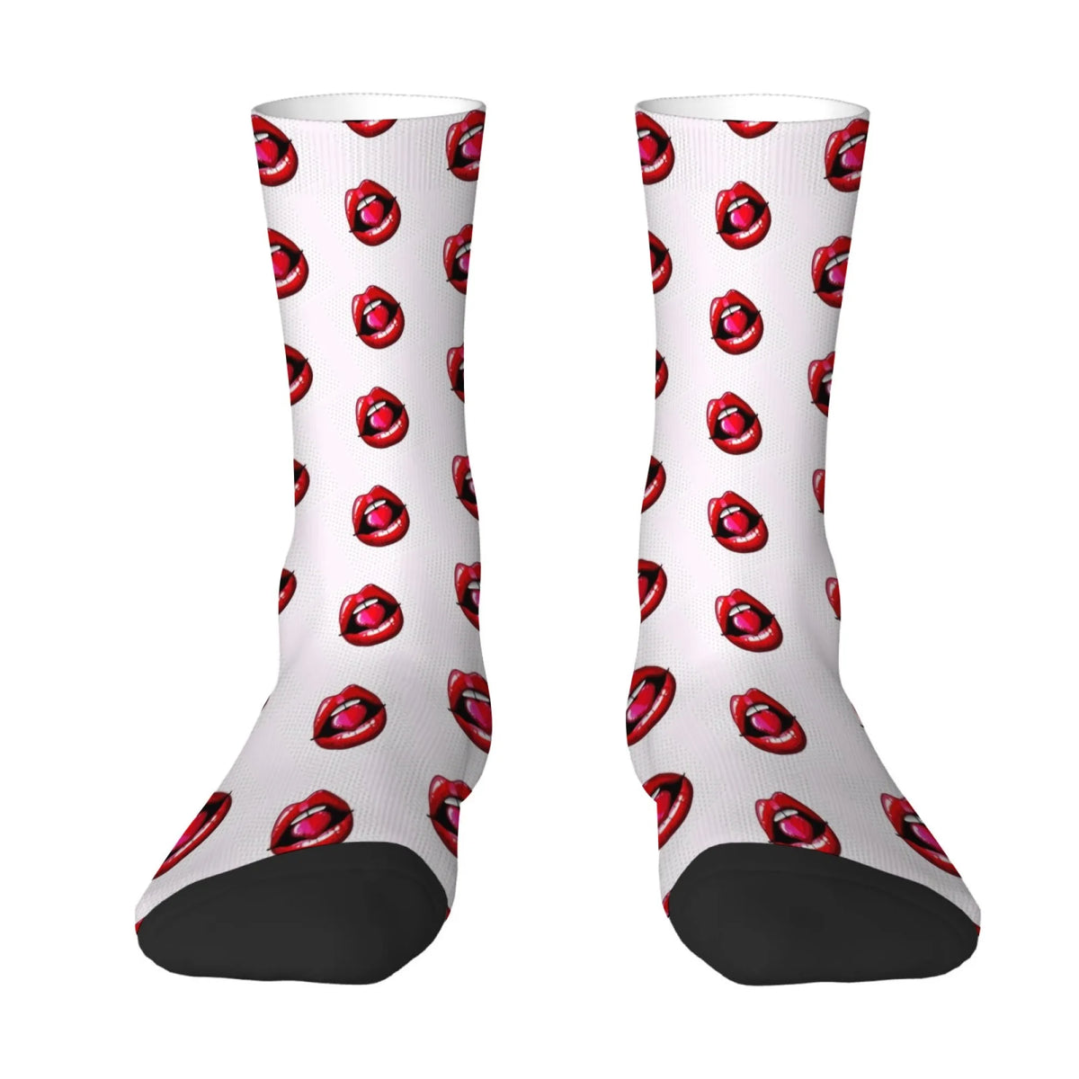 Pair of white mid-calf socks with a repeating pattern of red lips.