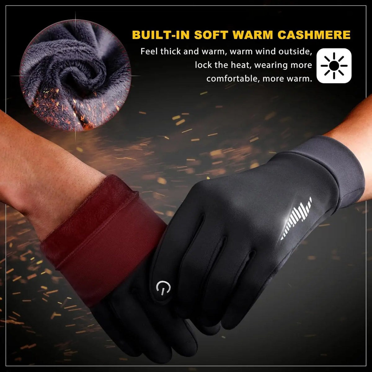 A close-up of black touch screen gloves being worn, highlighting the built-in soft warm cashmere lining.