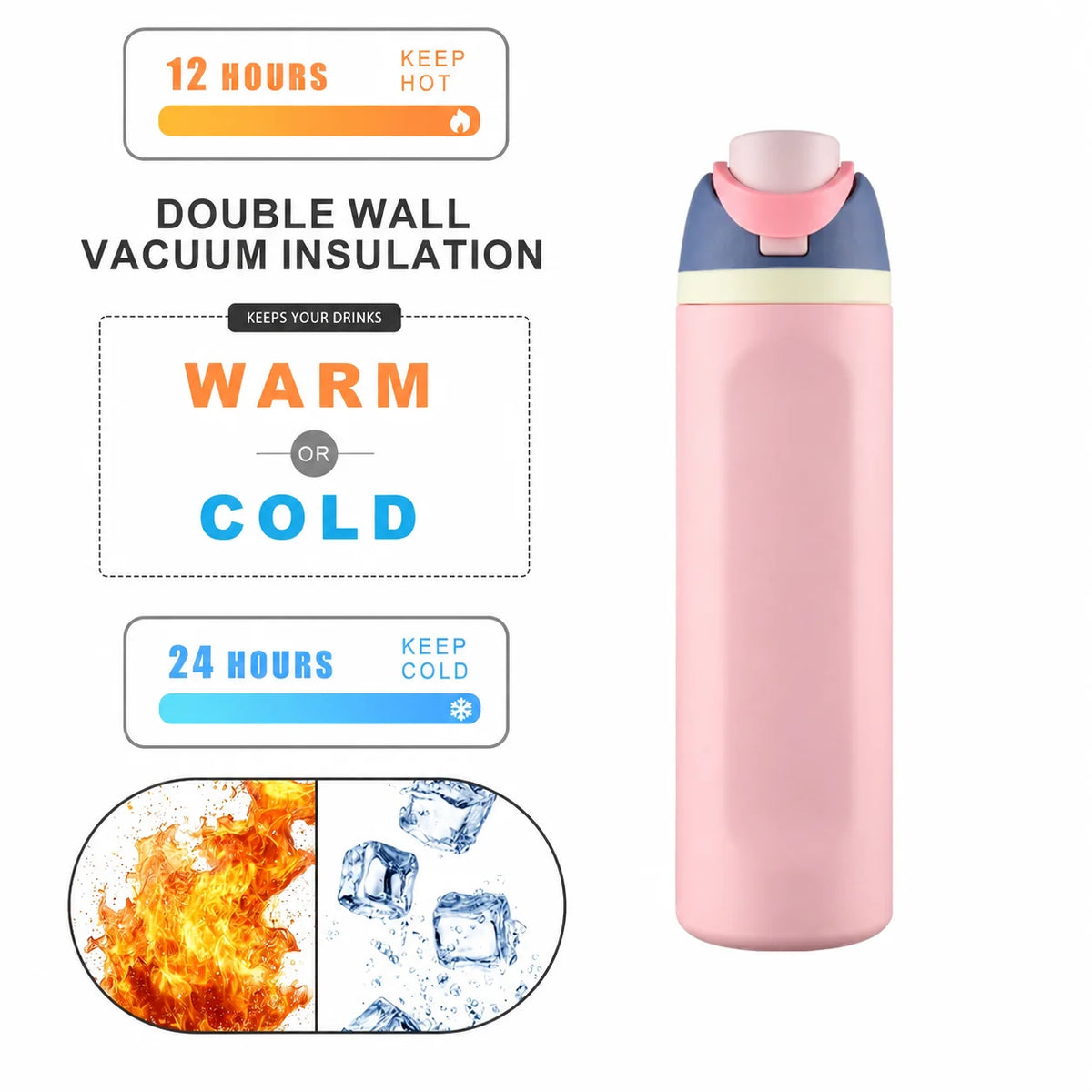A pink insulated stainless steel thermos mug with a lid and straw, demonstrating 12-hour warm or cold retention.
