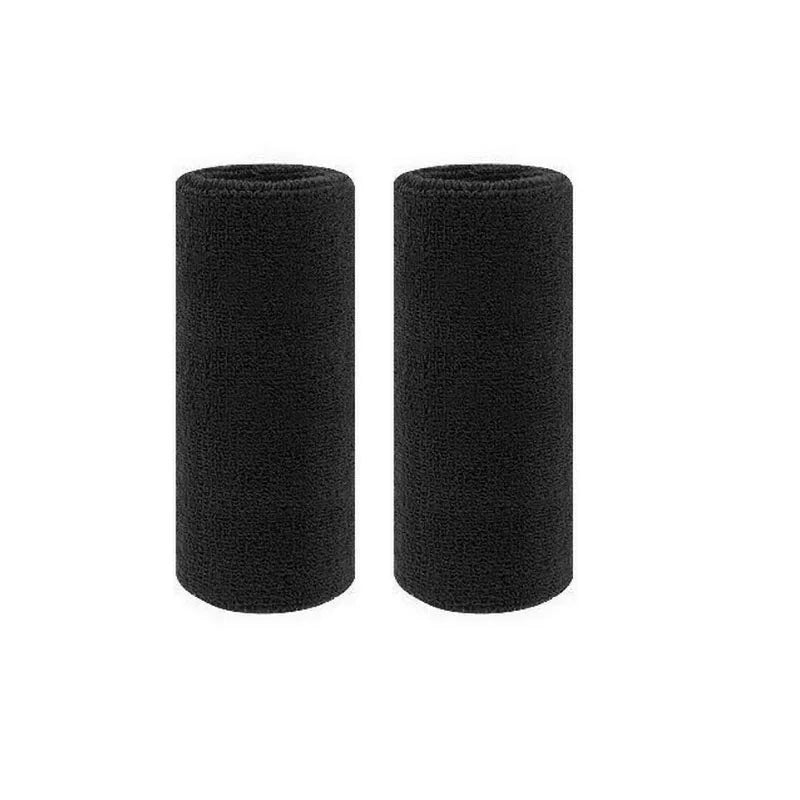 A pair of black dual sports wristbands for sweat absorption.