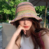 Handwoven Rainbow Stripe Straw Sun Hat with Wide Brim
