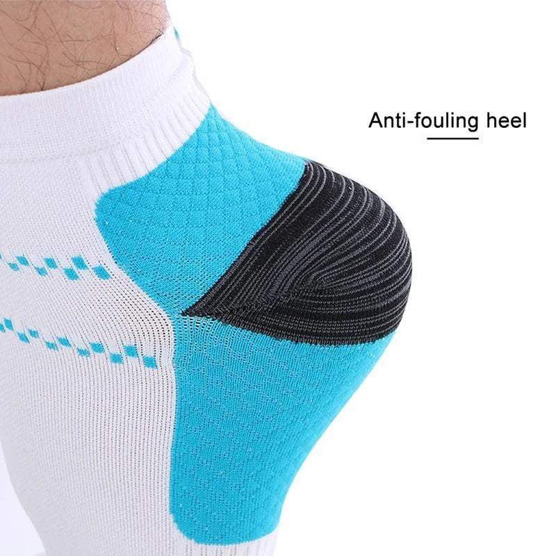 White and blue ankle compression socks with black detailing for anti-fouling heel protection