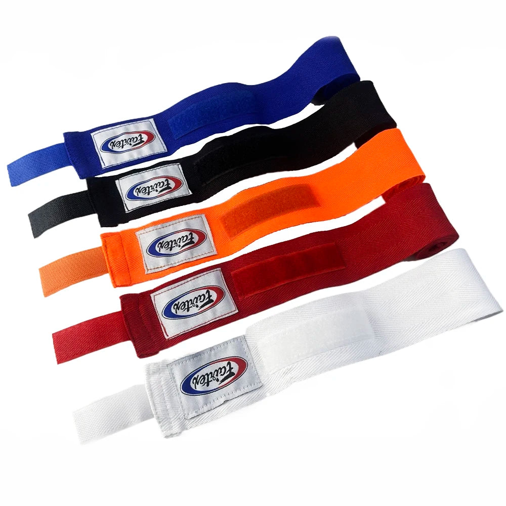 A set of five colored boxing hand wraps displayed diagonally against a white background.