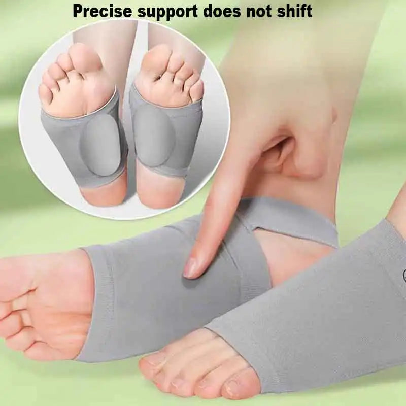 Gray silicone arch support insoles shown on a foot and leg, demonstrating precise support.