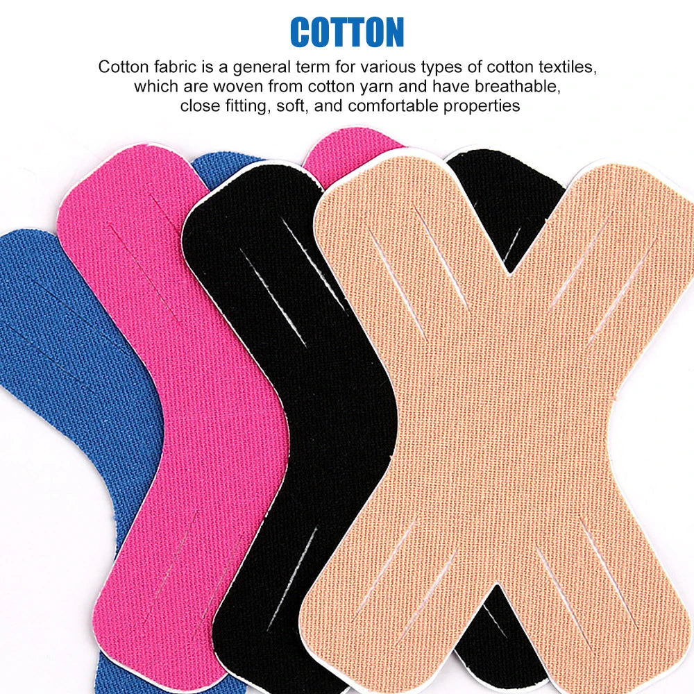A set of colorful kinesiology tape strips demonstrating various colors and textures for joint support.