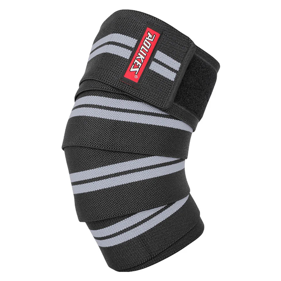 Black and gray high-compression knee wraps for weightlifting and squats