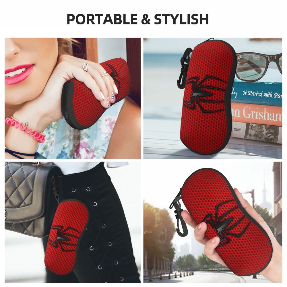 A red fabric pouch shaped like a spider web is shown being held and worn on a person's hand and clothing.