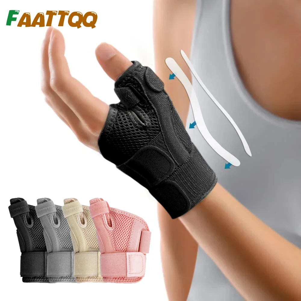 A hand wearing a black flexible thumb splint wrist brace, with various color options displayed below.