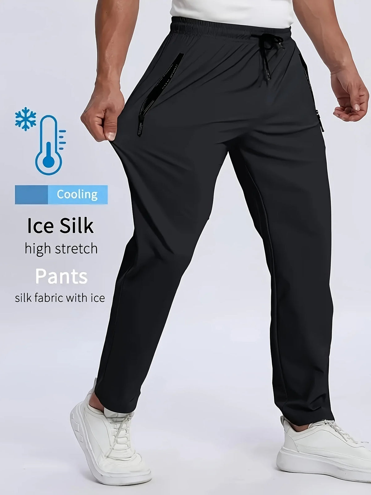 Black Ice Silk high stretch pants worn by a man, showing the fit and fabric.