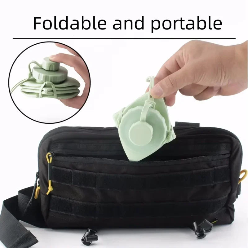 A hand is shown folding a silicone water bottle into a portable shape inside a black pouch.