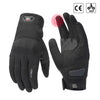 Une paire de gants tactiques KEMI MOTO noirs pour moto, sur fond blanc.