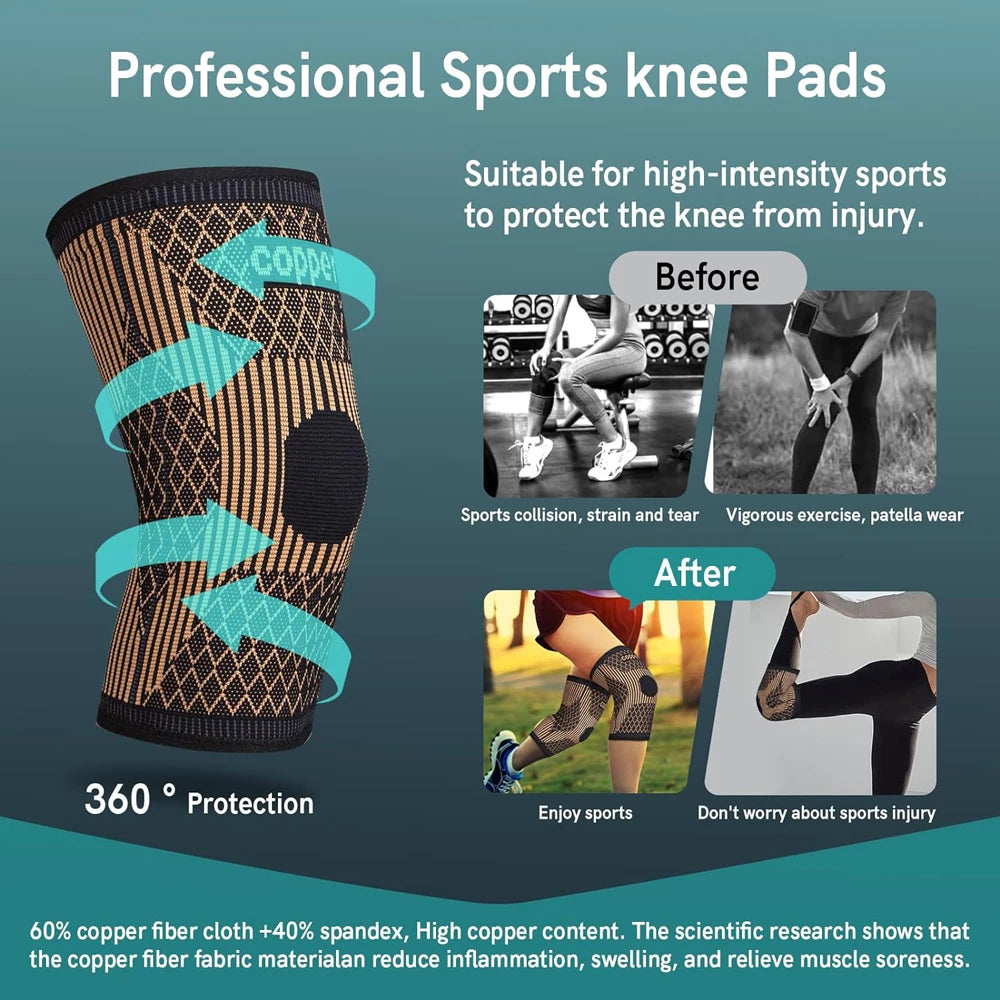A black copper ion knee pad sleeve designed for sports protection and pain relief.