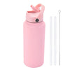 A pink stainless steel vacuum flask water bottle with a hinged straw lid and a separate metal straw.