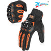 Black motorcycle riding gloves with orange accents and full finger protection