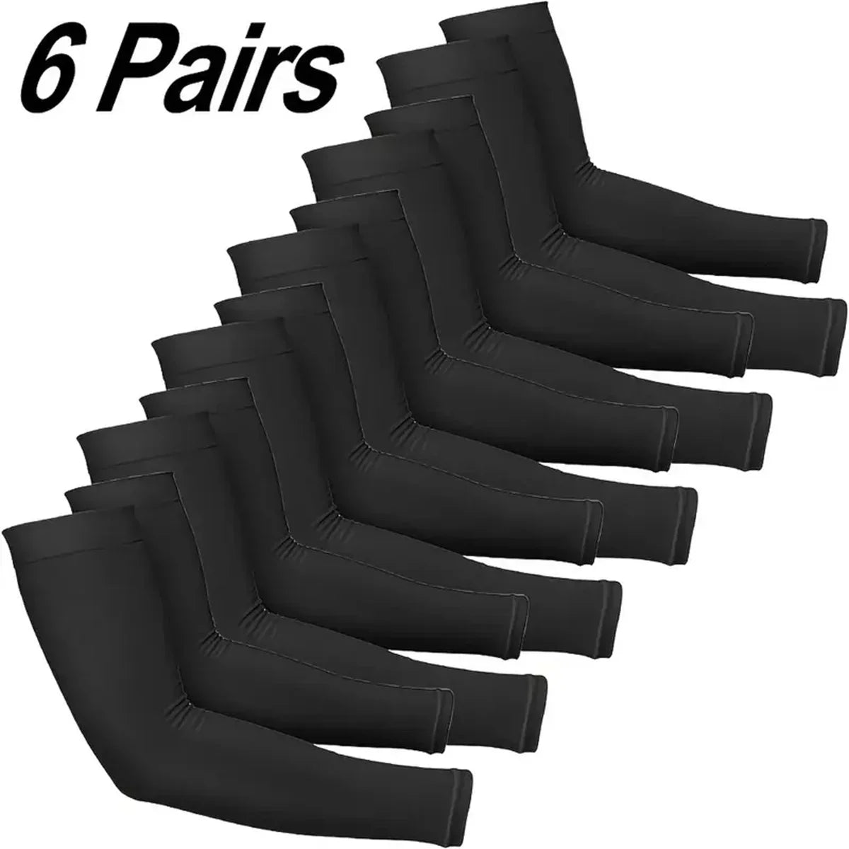 Six pairs of black cooling arm sleeves for UV protection displayed in a row.
