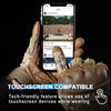 Tactical PU leather cycling gloves shown with a smartphone displaying social media posts.