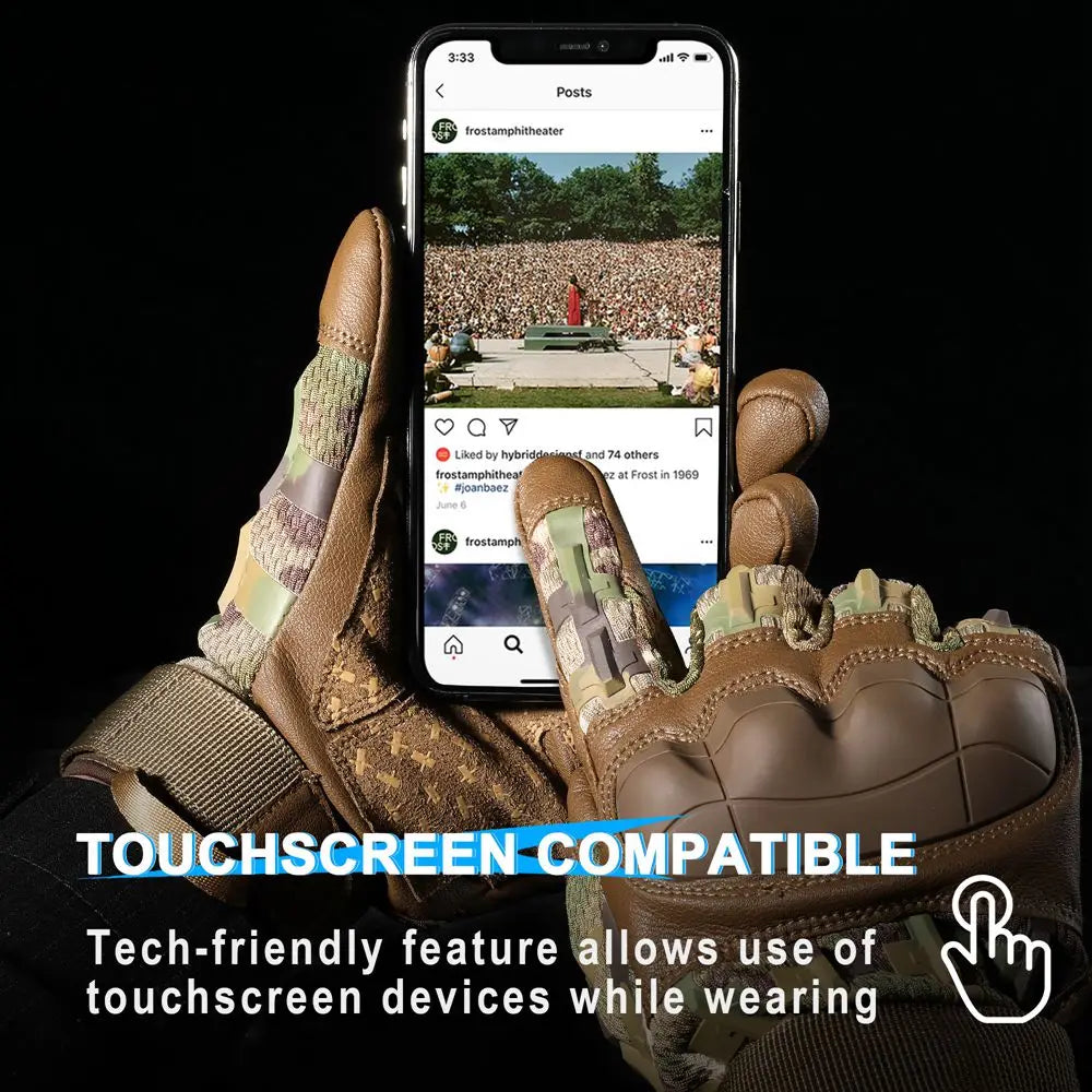 Tactical PU leather cycling gloves shown with a smartphone displaying social media posts.