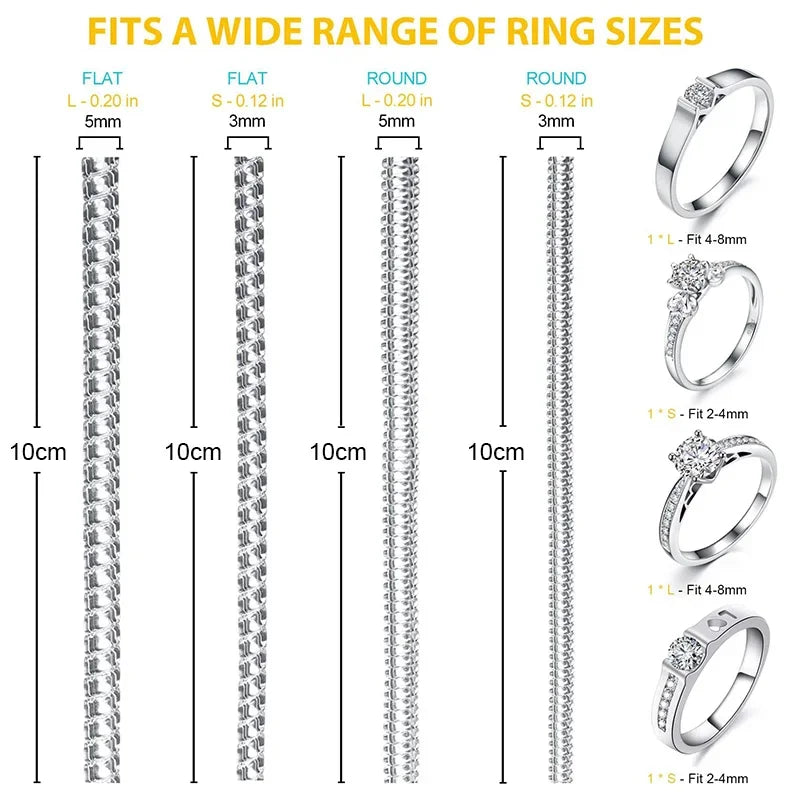 A set of invisible ring sizer tools showing various flat and round ring sizes with corresponding measurements.