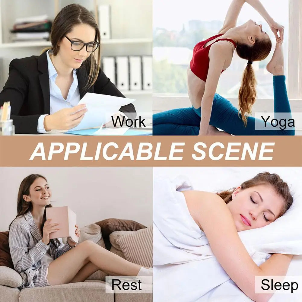 A collage showing work, yoga, rest, and sleep scenes demonstrating the application of kinesiology tape for facial lifting and