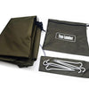 A dark olive green waterproof camping ground mat is shown folded and a separate flat mat with metal tools is displayed.