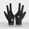 A pair of black breathable billiard playing gloves shown against a light gray background.