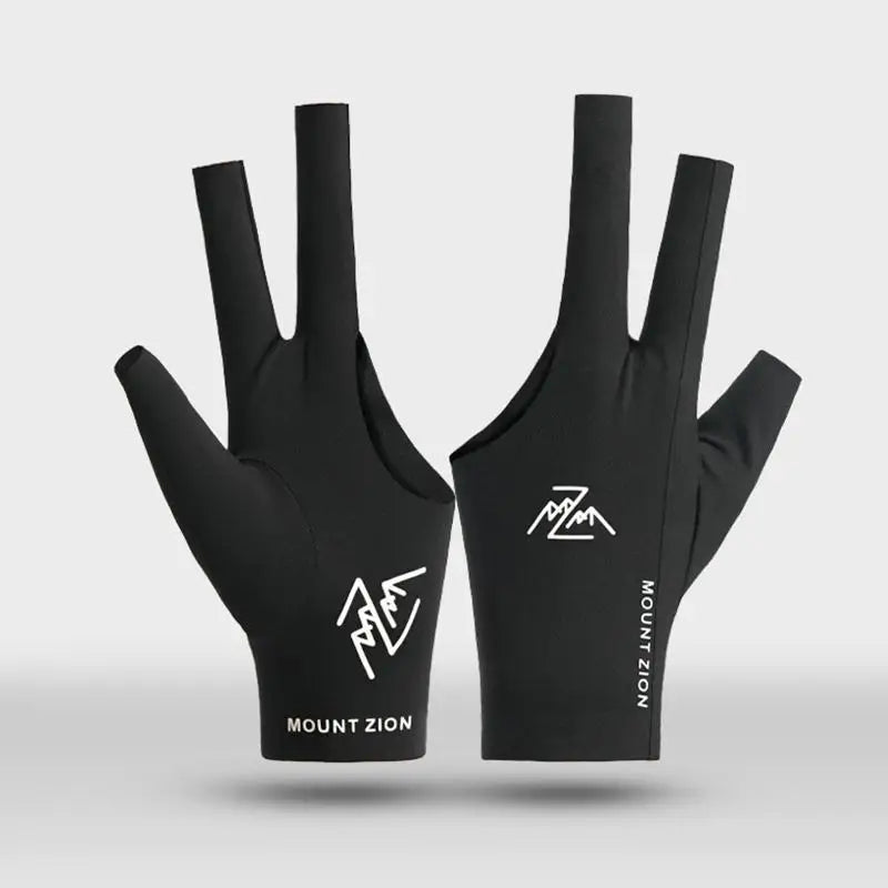 A pair of black breathable billiard playing gloves shown against a light gray background.