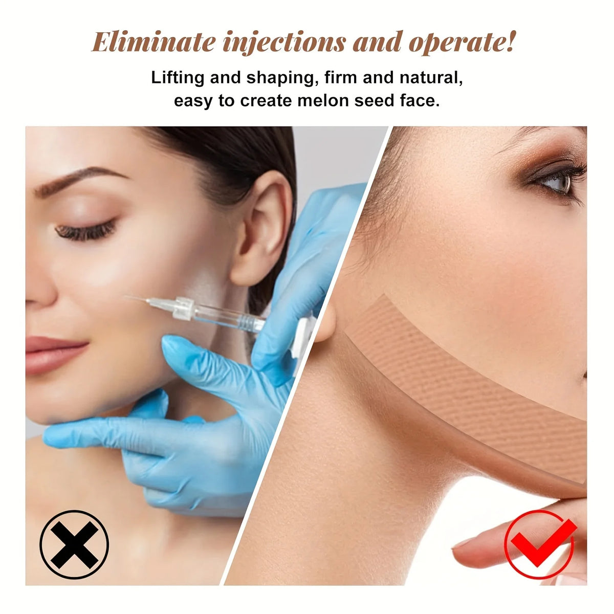 A woman applies wrinkle smoothing tape to her face for lifting and shaping.