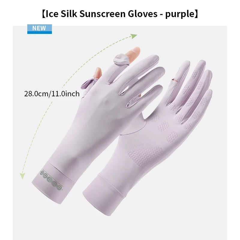 A pair of purple Ice Silk sunscreen gloves shown flat, highlighting the design and fit.