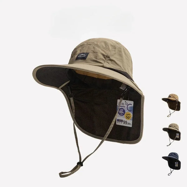 A beige waterproof Panama sun hat shown in a profile view with a dark mesh underside and a neck flap.