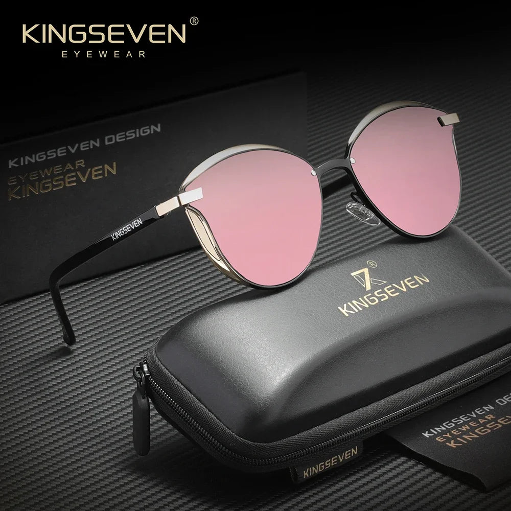 نظارات شمسية عيون قطة وردية مُستقطبة موضوعة على علبة سوداء بشعار Kingseven.