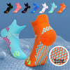 A variety of colorful massage and compression running socks are displayed against a blue background.