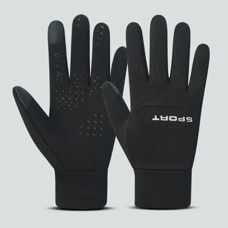 A pair of black sports football gloves for outdoor activities shown against a light gray background.