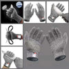 A set of grey knitted protection gloves shown in various angles and usage contexts.