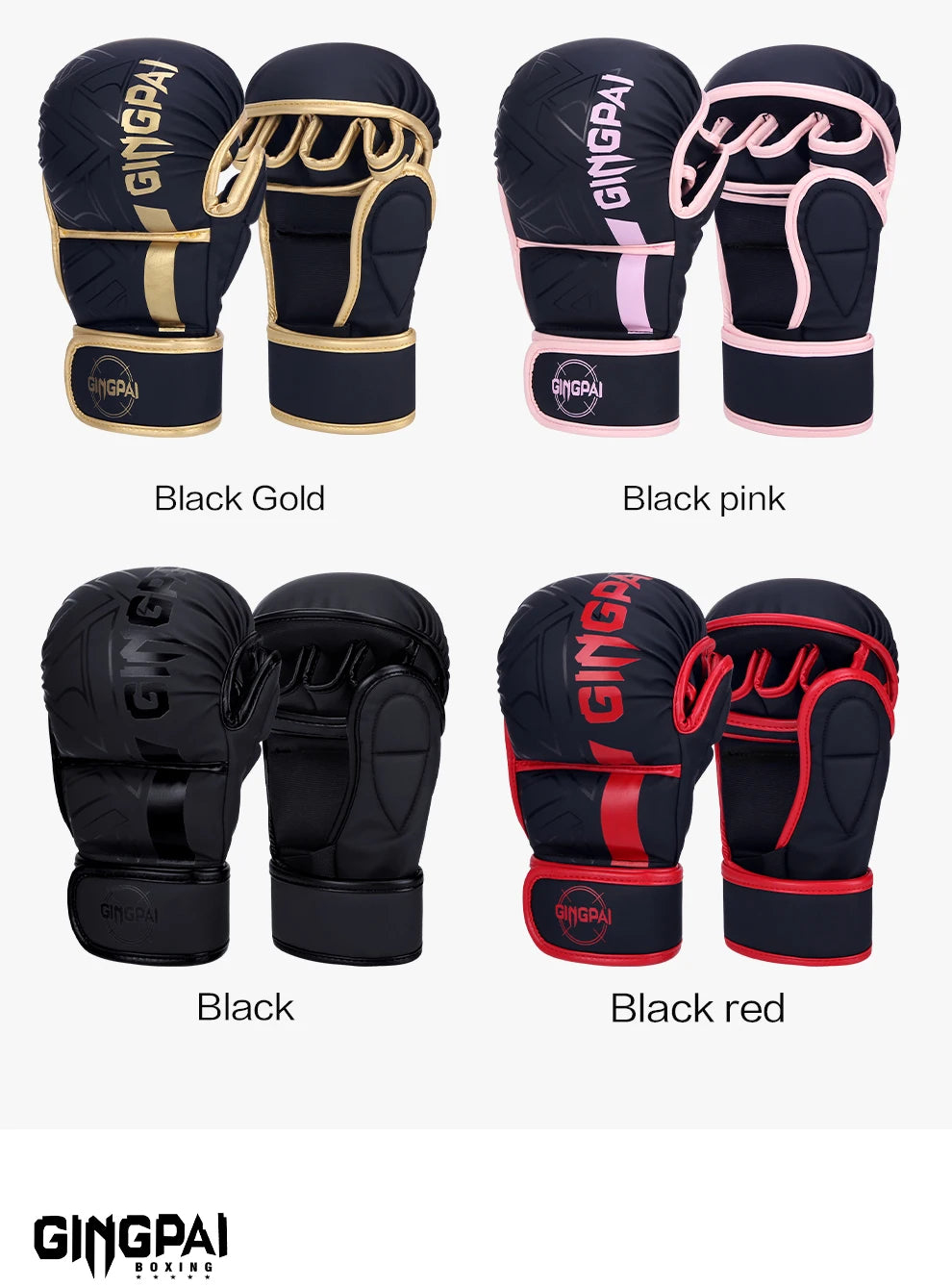 Eine Sammlung von fünf professionellen MMA-Trainingsboxen in schwarz, gold, pink und rot.