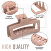 A beige matte rubber claw clip is shown with close-ups highlighting its metal spring and soft teeth for tight hair grip.
