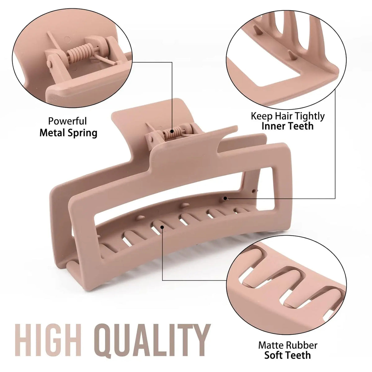 A beige matte rubber claw clip is shown with close-ups highlighting its metal spring and soft teeth for tight hair grip.