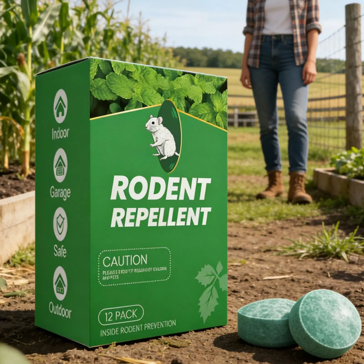 A box of rodent repellent balls with a white mouse illustration, set for indoor rodent prevention.