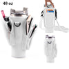 A white water bottle carrier bag holding a stainless steel tumbler and a smartphone.