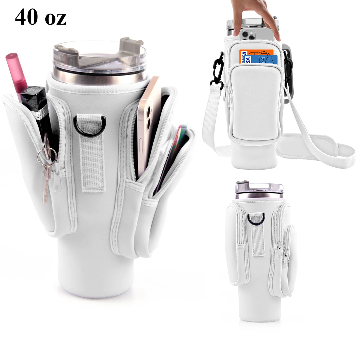 A white water bottle carrier bag holding a stainless steel tumbler and a smartphone.
