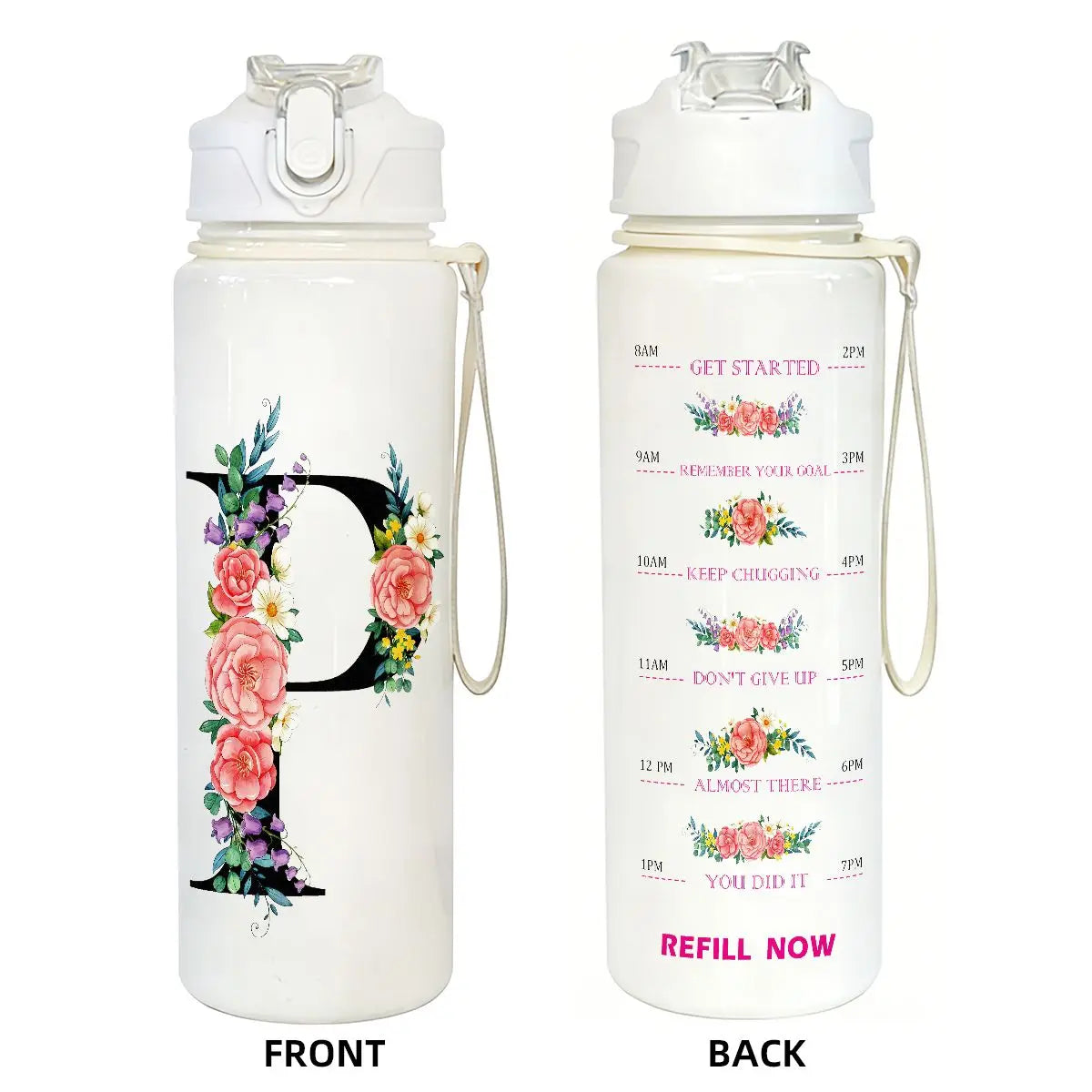 Front and back views of a white insulated straw tumbler for hydration