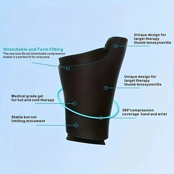 A dark brown reusable gel ice therapy hand wrap designed for thumb tenosynovitis treatment.