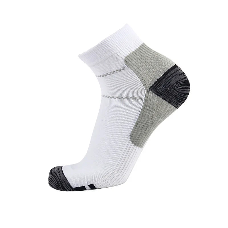 Ankle compression socks in white and gray with black accents, shown from the side.