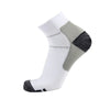 White compression socks with gray accents and black detailing, shown from the side.