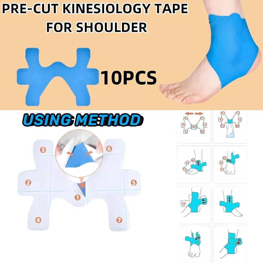 Blapester-Kinesiotape in Blau für die Schulter mit Anleitung zur Anwendung.