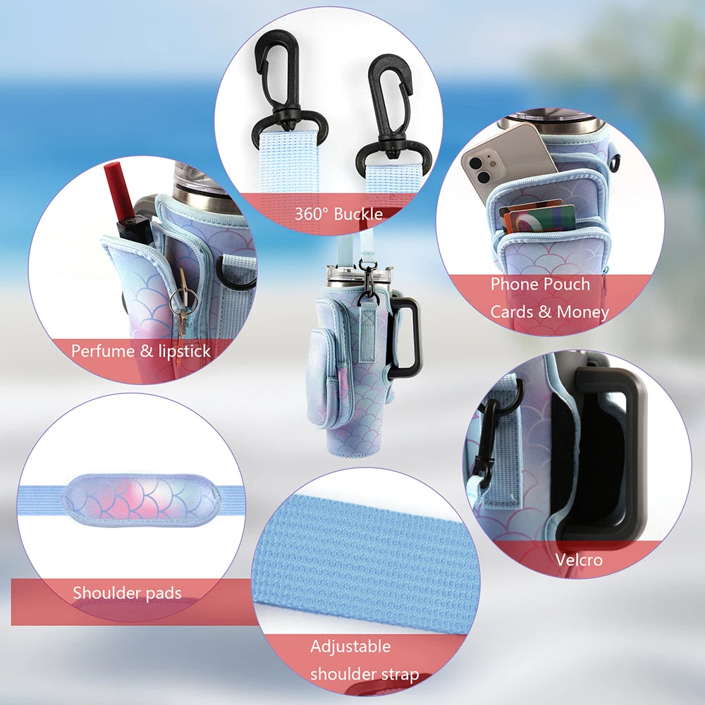 Wasserflaschentasche mit mehreren Fächern, Silikon-Accessoires und Trageriemen.