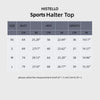 Size chart for a Histello Sports Halter Top showing measurements in centimeters and inches.