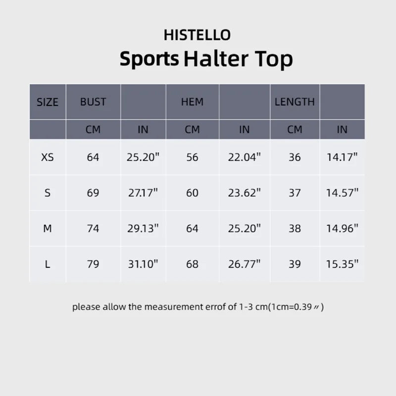 Size chart for a Histello Sports Halter Top showing measurements in centimeters and inches.