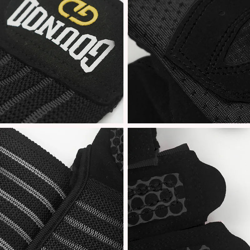 Primer plano de pulseras de levantamiento con textura y anti-deslizantes negras, con logo amarillo.