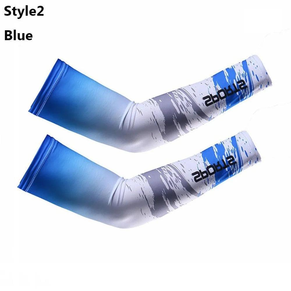 A pair of blue cooling UV protection arm sleeves shown against a white background.